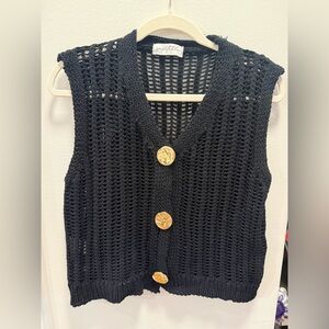 Sapotelle Black Open-Knit V-Neck Sweater Vest